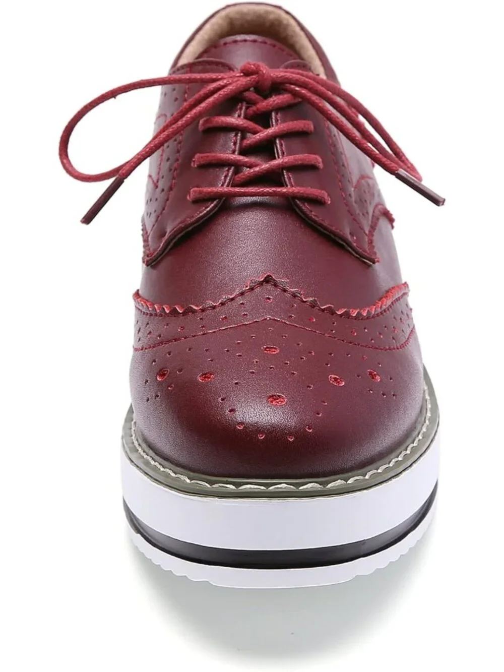 Women's Red Round Toe Lace Up Leather Oxford Shoes Wingtip White Platform